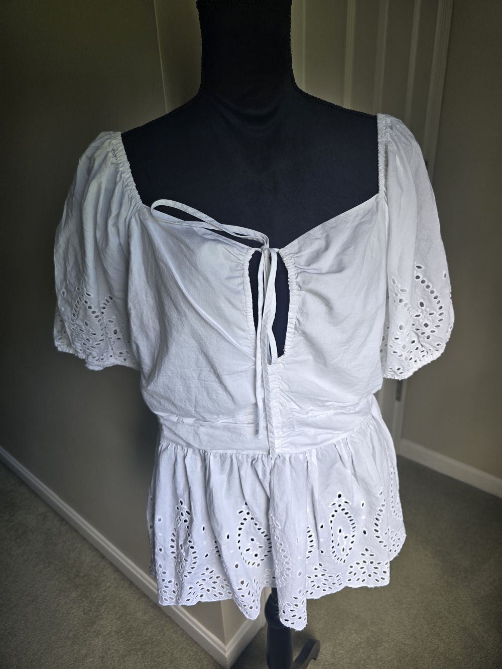 Free Assembly White Eyelet Tie-Front Peplum Top
